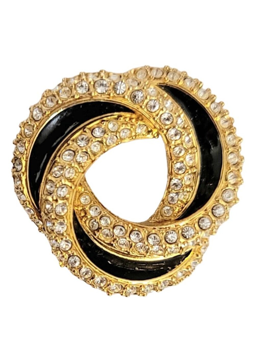 Swarovski Gold Tone Clear Rhinestone Black Enamel Love Knot Brooch Pin, Signed